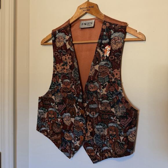 Vintage Facets Christmas Animals Vest Tapestry Santa, Bear, Puppy, Kitten Size S - Picture 1 of 14